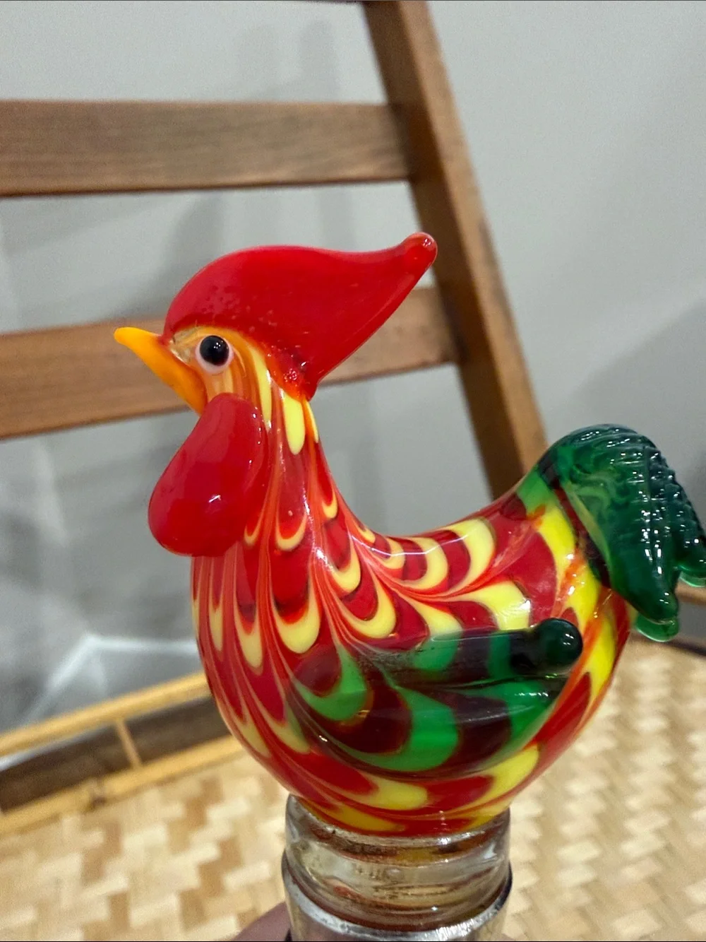 Hand Blown Art Glass Rooster Wine Bottle Stopper Colorful Murano Style Barware